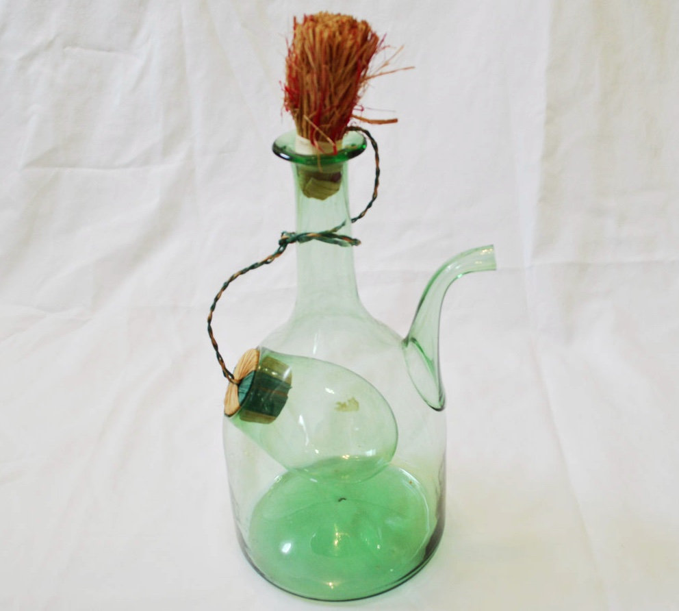 Vintage Italian Green Glass Wine Decanter Hand Blown With Ice Chamber & Stopper